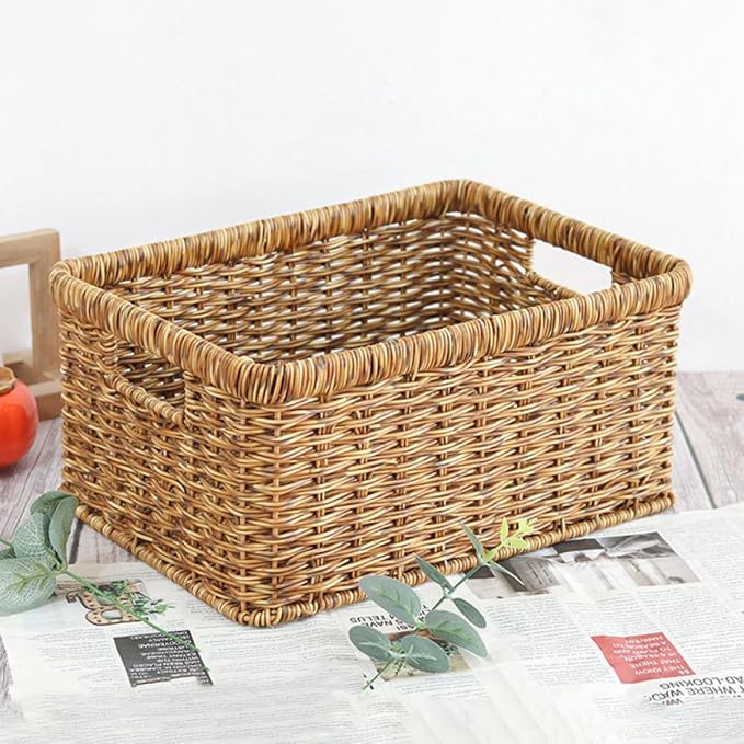 SHINEOFI Decorative Woven Storage Basket Handwoven Imitation Rattan Sundries Organizer with Hollow Handles for Home Desktop Organization Deep Coffee Color