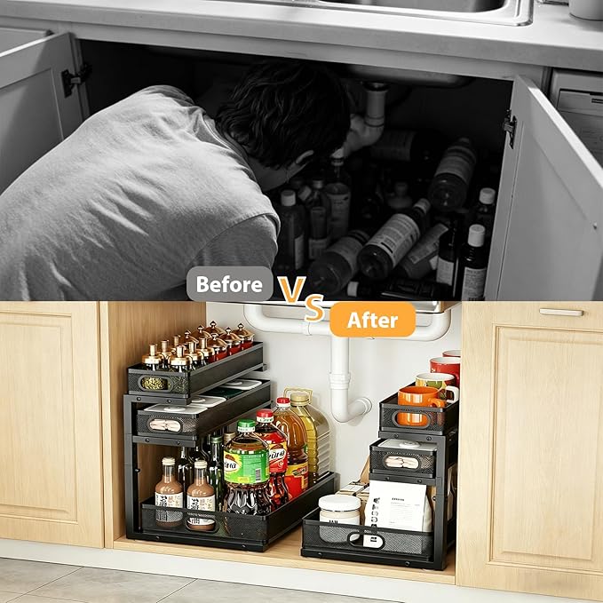 2 Pack Bathroom Under Sink Organizer, 3-Tier Pull Out Kitchen Cabinet Organizer with 5 Adjustable Heights Metal Slide Out Storage Makeup Drawer Rack for Bedroom Office Pantry Home Organization, Black