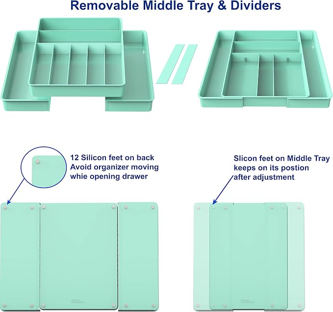 Simple Houseware Expandable Kitchen Drawer Flatware Organizer, Turquoise | Expandable & Adjustable Cutlery Drawer Organizer - Large Utensil and Flatware Tray for Kitchen Drawers