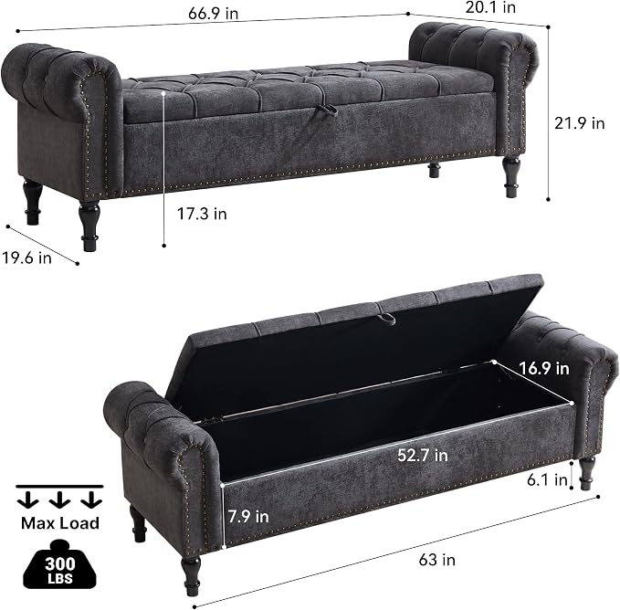 Storage Bed Bench for Bedroom, Chenille 67" End of Bed King Size Benches with Armrest, Tufted Button Upholstered Ottoman Bench for Living Room, Entryway, Dark Grey