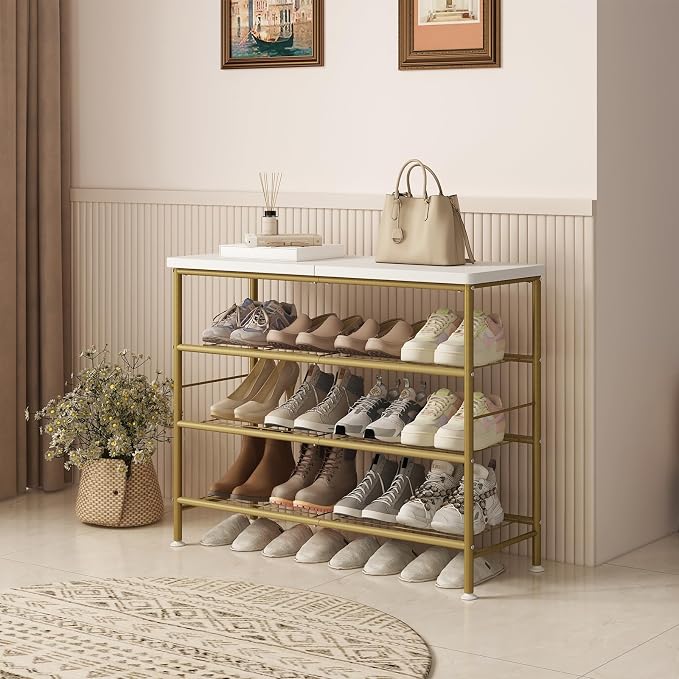 SUOERNUO 4 Tier Shoe Rack Organizer for Closet Shoe Storage for Entryway | Free Standing with MDF Top Board,Sturdy Metal Frame,Ideal for Living Room,Hallway Gold