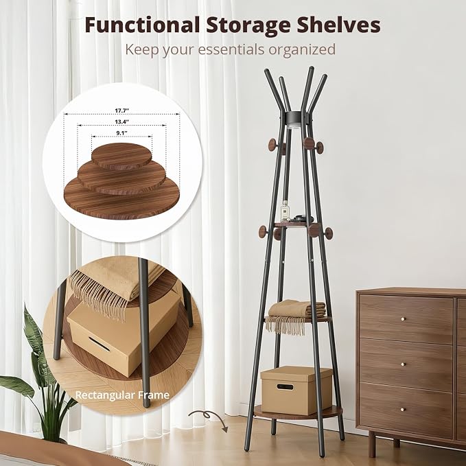 young master Freestanding Coat Rack with Light, 12 Hooks & 3 Wood Shelves, Black