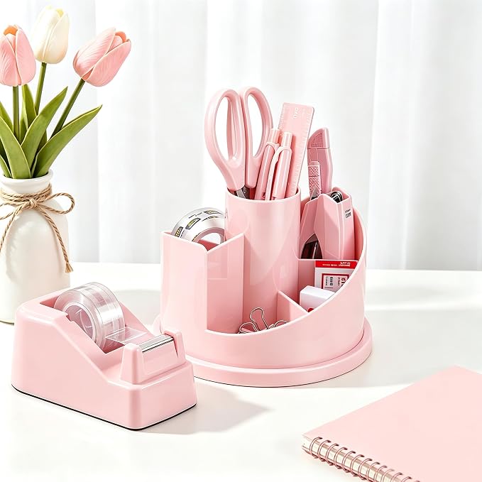 deli Office Supplies Set, Desk Accessory Organizer Kit, Pink | Stationary Set, Desk Supplies with Rotating Multi-Functional Pen Holder &Stapler Set for Office, School, Home