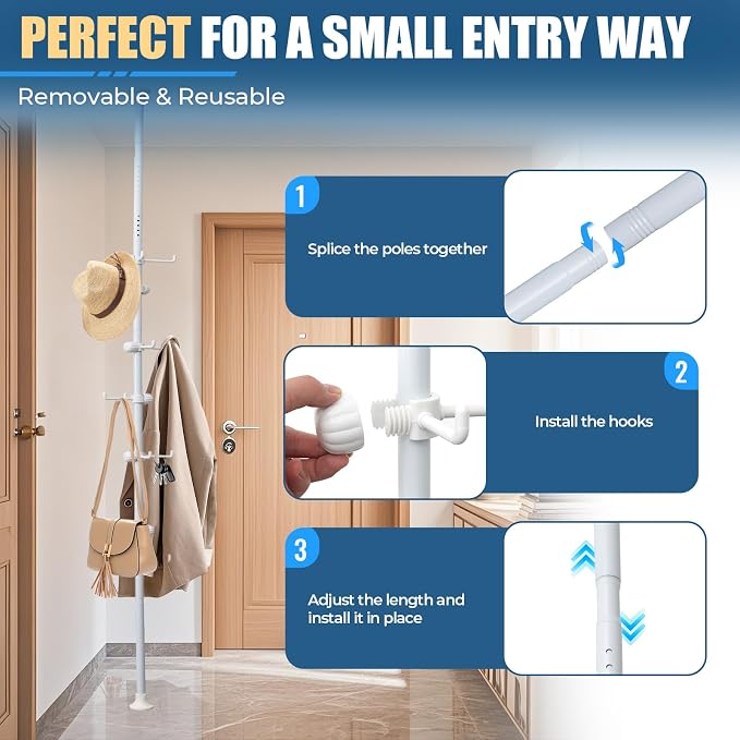 Corner Coat Rack - 12 Hook Tension Rod Plant Stand Stainless Steel Organizer for Coats, Towels, Plants & More, No Drilling, Height Adjustable, White