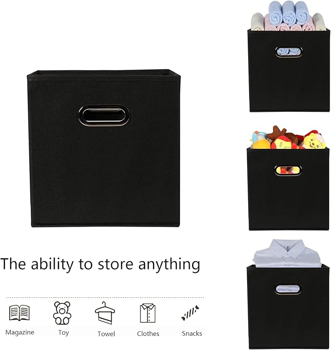 Yunkeeeper storage bins Cubes, Fabric Cube Organizer with Handle, Foldable Cube Bins for Cloth or Accessary Storage, 11x11x11, Set of 6, (black)