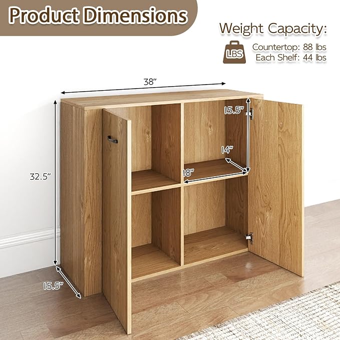 Giantex 38" Sideboard Cabinet with 2 Doors & 4 Shelves (Natural) | Bathroom Storage Organizer with Anti-Tipping Device, Metal Hinges, Credenza for Living Room, Kitchen, Entryway