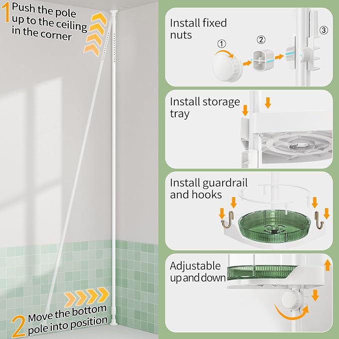 AKINBAS 360° Rotating Shower Caddy Tension Pole with 4-Tier Rustproof Lazy Susan 35-128 Inch No Drilling Coner Shelves Adjustable Shower Rack for Bathroom Bathtub Washbasin Plant Storage (White+Green)
