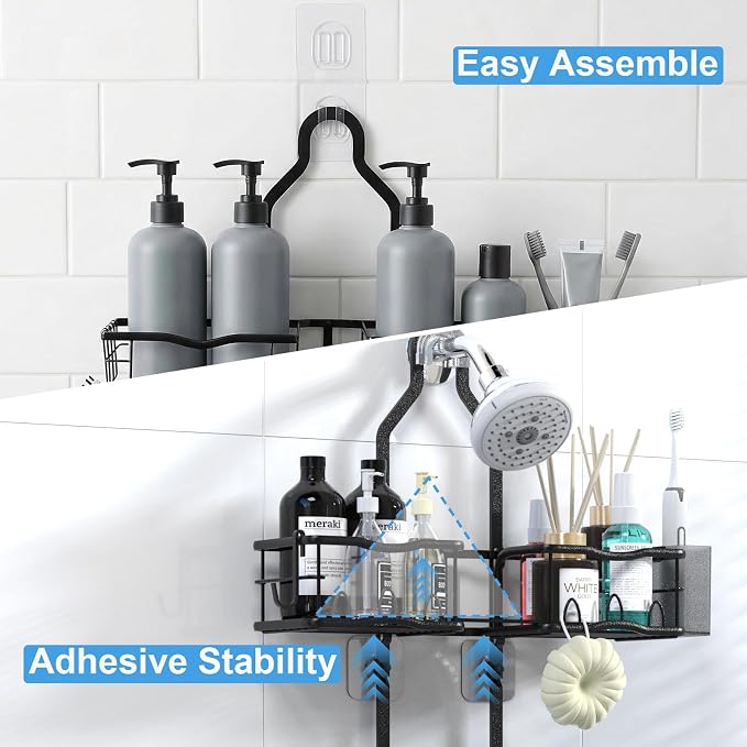 Shower Caddy Hanging Organizer Over Showerhead, Rustproof Black | 2-Tier No-Drill Hanging Shower Organizer with Removable Hooks, Soap Dish, Toothbrush Holder for Bathroom Razor Shampoo Sponge