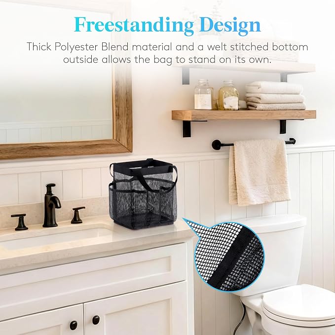 Lifewit Mesh Shower Caddy 2 Packs, Freestanding Portable Shower Tote Bag for Dorm, Bathroom, Gym, Travel, Quick Dry Hanging Organizer with 7 Storage Pockets for Toiletry Essentials, Black