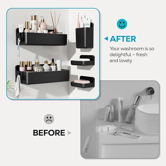Nieifi Adhesive Shower Shelves, Black, 5 Pieces | Rustproof ABS, Large Capacity, Removable Design, Easy-Clean, No Drilling Shower Organizer for Bathroom Storage & Home Decor