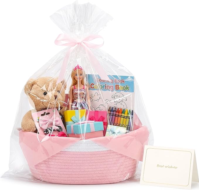 woric Baby Gifts Basket 12 x 8 x 5 in Woven Basket Rope Baskets | Soft Cotton for Wedding Gifts Empty Baby Shower Toy Storage Girls Birthday (Pink with Gift Bag Card Ribbon Tissue Paper)