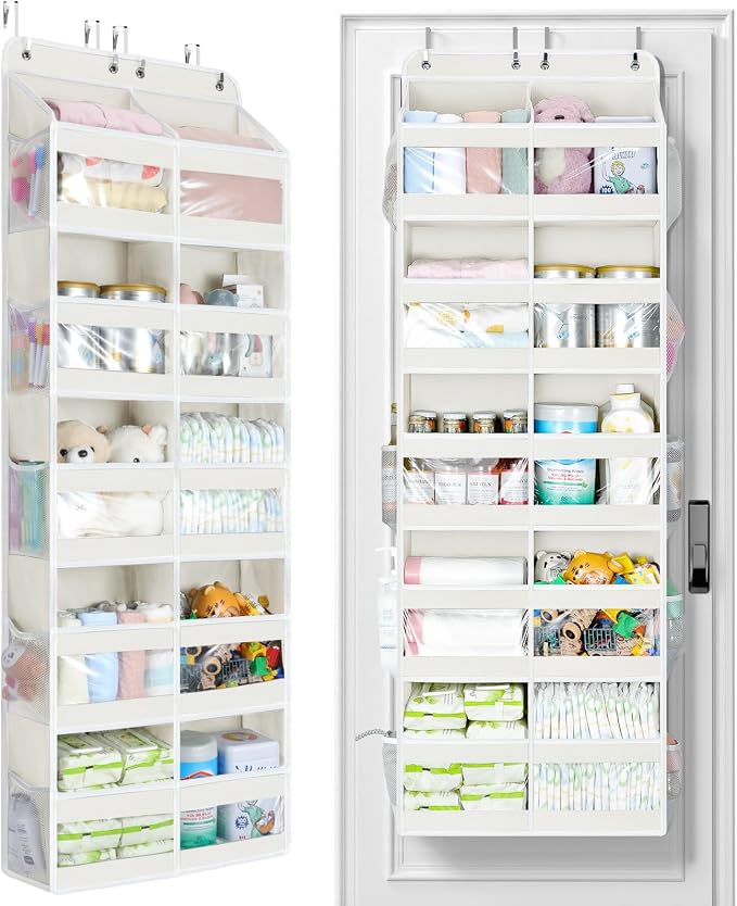 Yecaye 5-Tier Over The Door Organizer Dual-Column, 80lbs Load Extra Large Over the Door Storage of 10 Compartments, Heavy Duty Door Organizer Hanging for Dorm Bathroom Pantry, Cream White 2 Pack