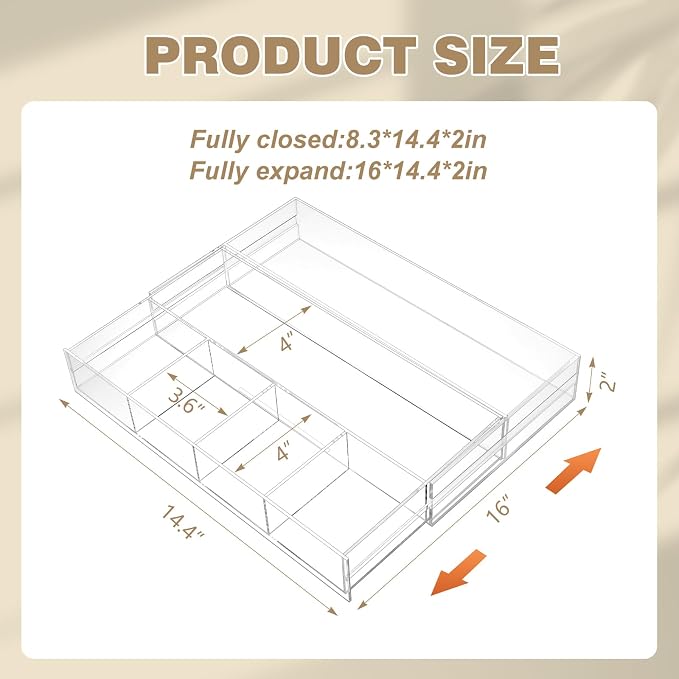 Briwooody Clear Acrylic Drawer Organizer Expandable,7 Compartments,Medium | 9'' up to 18'' x 12'' x 2.1'' Desk Drawer Organizer Trays Adjustable with Desk Accessories for Makeup Office Bathroom