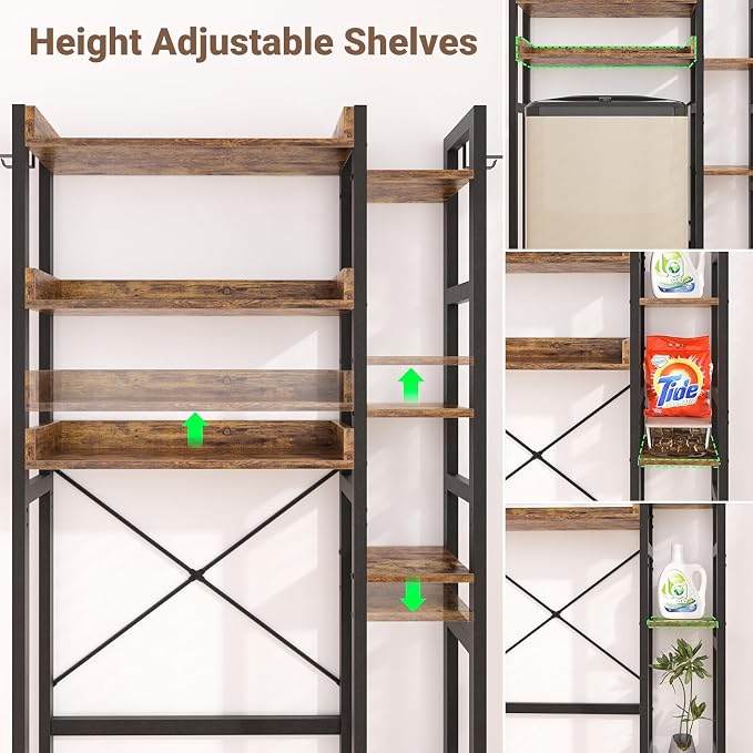 Besiost Over The Toilet Storage, 7 Tier Bathroom Organizer with Reversible Side Shelf and 2 Fabric Drawers, Adjustable Freestanding Rack Space Saver for Small Spaces, Rustic Brown