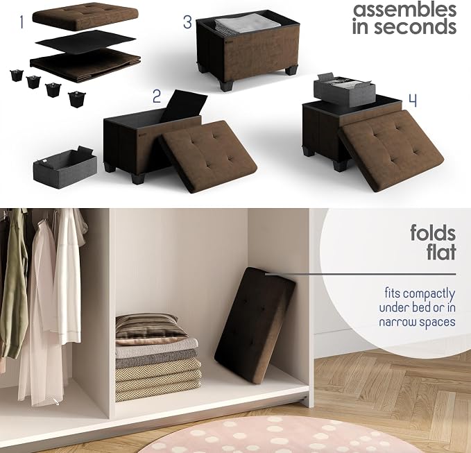 Storage Ottoman Cube with Small Bin, 16-in Square Ottoman with Storage for Living Room and Bedroom, Small Ottomans Foot Rest, Velvet Foot Stools Ottomans Max 330lbs, Brown