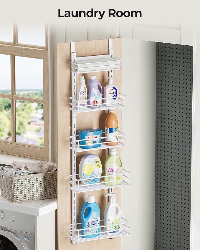 5-Tier Narrow Pantry Door Organizer,Over the Door Pantry Organizer,White | Height Adjustable Heavy Duty Hanging Metal Basket,Back of Door Organizers and Storage for Home,Kitchen,Laundry,Bathroom