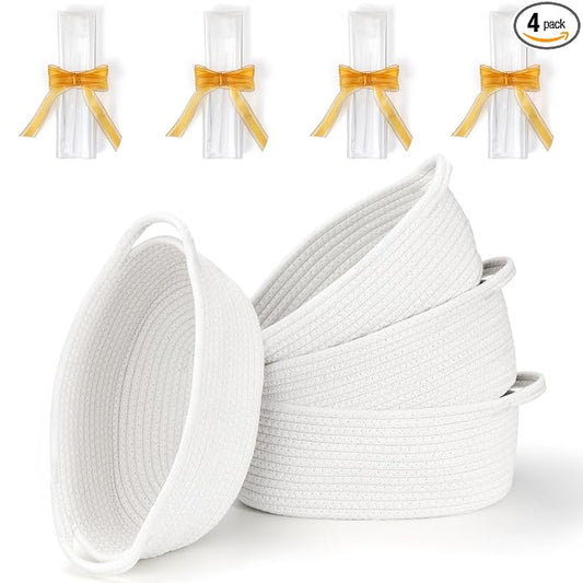 4 Pack Small Woven Basket with Handles, All 12"x 8"x 5", Cotton Rope Room Shelf Storage Basket, Cat Toys, Cute Baby Gift Basket with Gift Bags and Ribbons for Nursery, Empty Decorative Gift Chest Box
