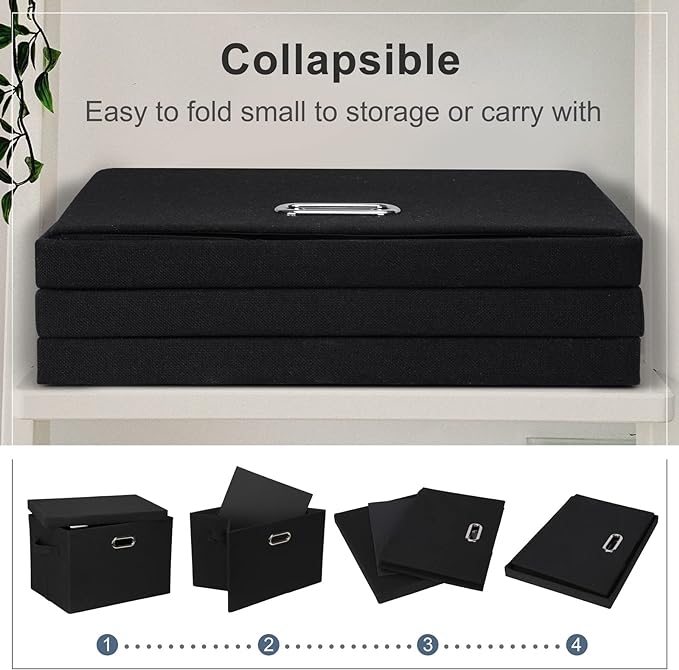 Graciadeco Large 17" 36 Quart Collapsible Stackable Storage Bins with Lids, 1 Pack Black Foldable Fabric Closet Storage Boxes with Lids, 4 Handles Heavy-duty Linen Cube Baskets for Bedroom | 36 Quart 1 Pack Black Collapsible Stackable Linen Fabric 4 Ha...