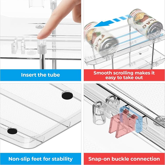 Can Organizer for Pantry Stackable 4 Tiers Can Storage Organizer Pantry Soda Can Organizer for Fridge 48 Cans Rack Automatic Rolling Canned Food Organizer for Refrigerator Kitchen Clear