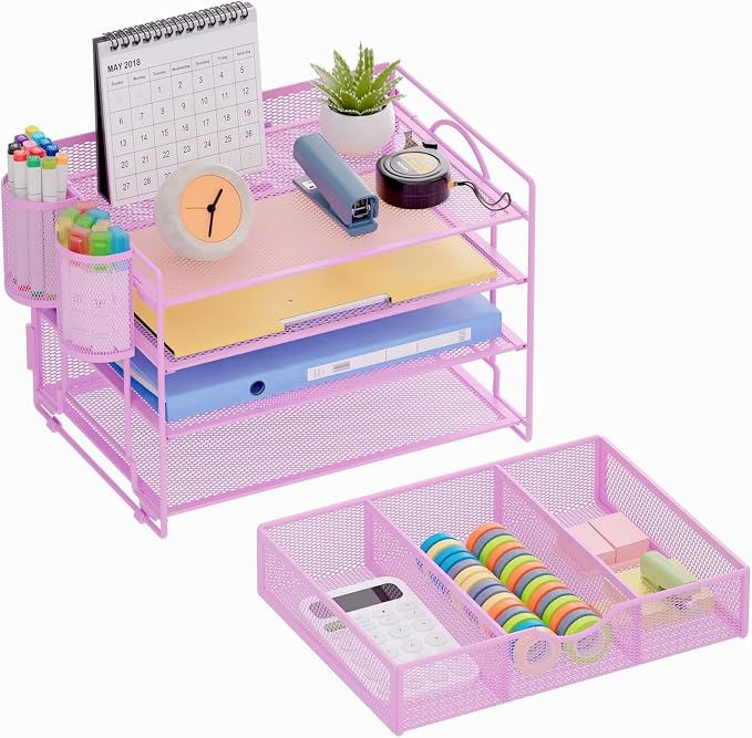 Marbrasse Desk Organizer, 4-Tier Paper File Letter Tray, Purple-2P | Sturdy Paper Tray, File Holder, Built-in Drawer, 2 Pen Slots, fits Letters/Files, for School Home Office Supplies