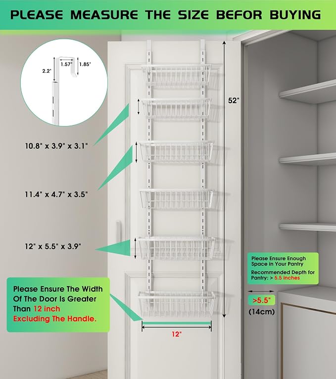 Mefirt 12 Inch Wide Narrow Over The Door Pantry Organizer 6-Tier White | Pantry Hanging Organizers and Storage, Adjustable Heavy-Duty Metal for Home & Kitchen, Back of Door Seasoning Rack