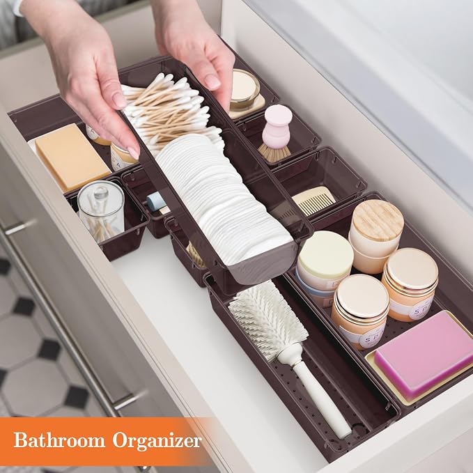 SpaceHacks 25 PCS Plastic Drawer Organizer Set, 4-Size Versatile Organizer Trays & storage Bins for Makeup, Jewelry, and Gadgets in Bathroom, Bedroom and Office,Brown