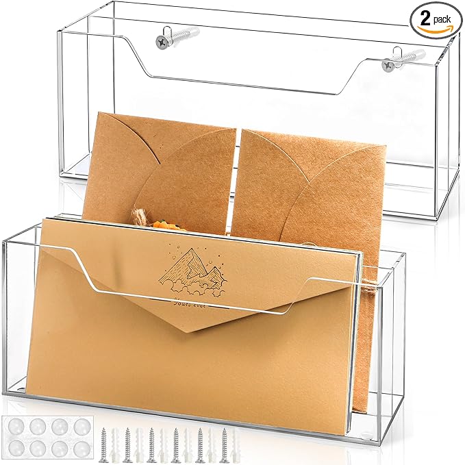 Noamus 2 Pack Acrylic Mail Organizer for #10 Envelopes, 2 Slot Wall-Mounted Letter Holder, Clear Hanging File Rack, Countertop File Sorters Box for Desk Bill Filling, Home Office School Workspace