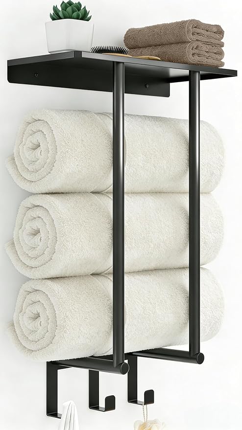Bethom Towel Racks for Bathroom Wall, Black Small Towel Holder with Hooks | Stainless Steel Towel Shelf and 3 Hooks for Small Bathroom, Hold 3 Large Bath Towels