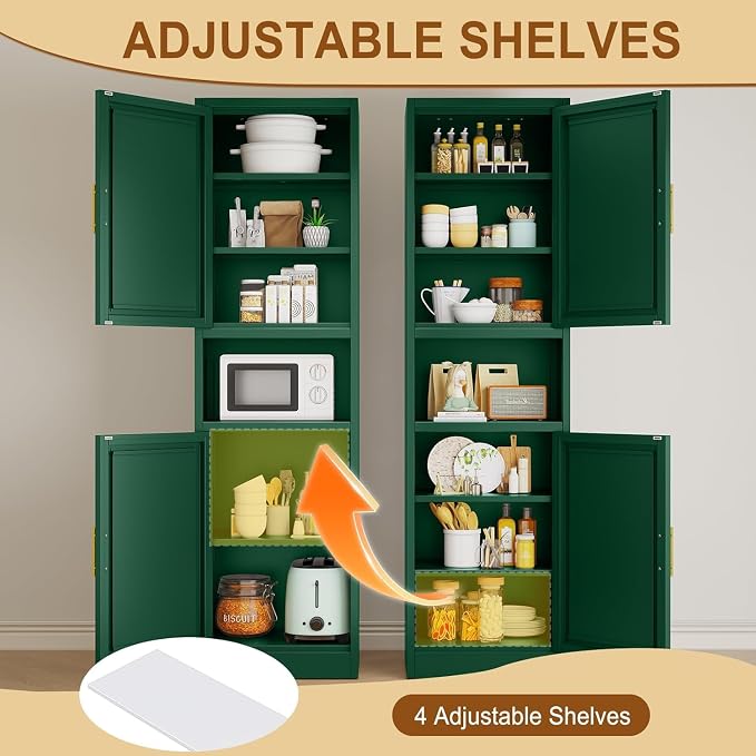 Tall Metal Narrow Bathroom Storage Cabinet 67" H, Tall Green Pantry Cabinets with 4 Adjustable Shelves and 2 Doors for Kitchen, Home Office, Living Room, Dining Room(20 inches Wide)