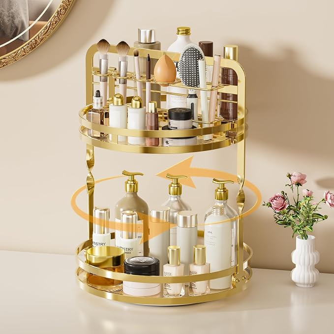 360 Rotating Makeup Organizer,Perfume Organizer, Bathroom Counter Organizer | 2-Tier Large Capacity Gold Vanity Organizer for Dresser,Perfume Shelf with Makeup Brush Holder Stores Skincare and Cosmetics