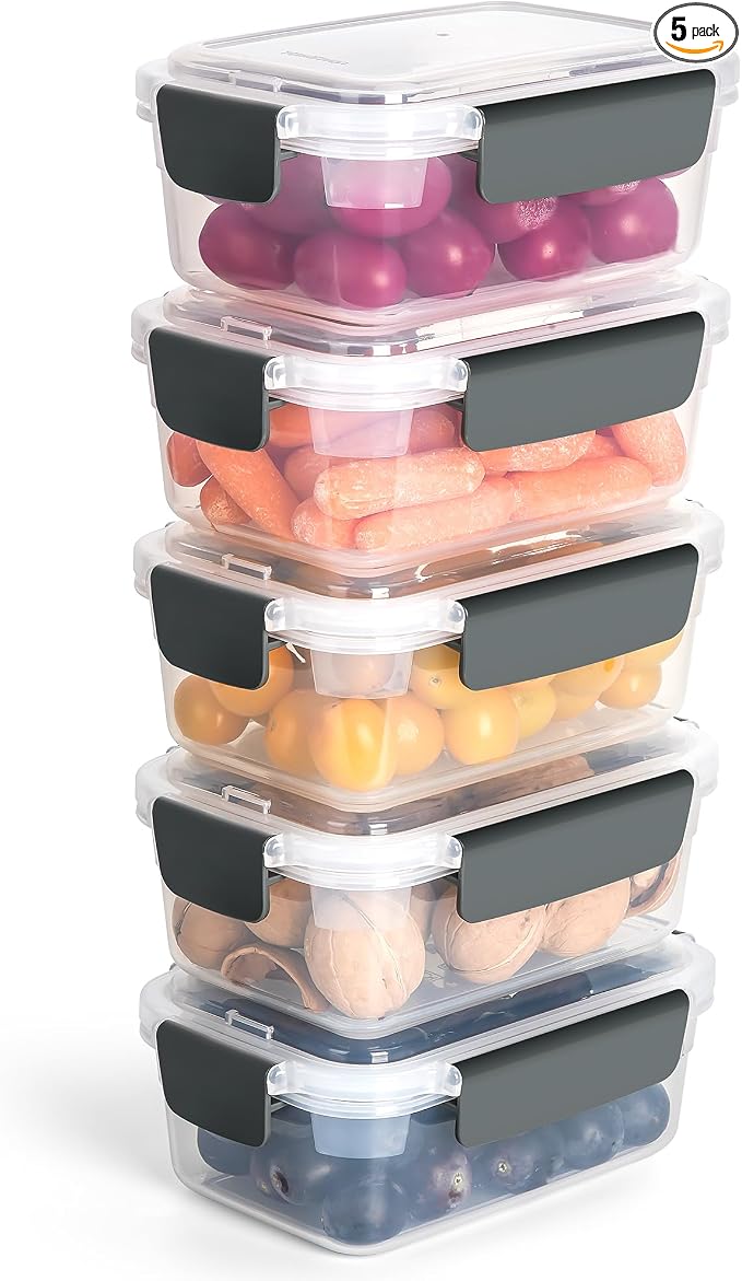 YORY 3cup Plastic Food Storage Containers With Lids For Portion Control,5pk | BPA free,Stackable and Nestable,Snaplock Lid ,Freezer Dishwasher Microwave Safe