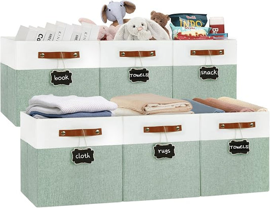 Patvingot 13-Inch Linen Storage Cubes with Labels and PU Handles,6 Pack | Roomy storage for blankets, sweaters and towels, reinforced bottom, contents stay easy to identify, folds flat when empty