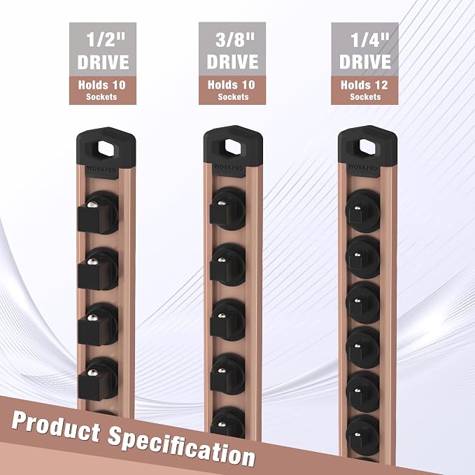 WORKPRO Magnetic Socket Organizer, Heavy Duty 3/8-Inch Drive Socket Rail | 1 Piece Socket Holder with 10 Spots, Aluminum Alloy, Rotatable & Movable Clips, Efficient Organization