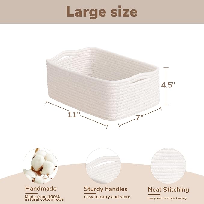 Goodpick 3-Pack Woven Storage Baskets for Organizing, 11 x 7 x 4.5 in | Empty Baskets for Shelves, Dog Toy Basket, Closet Baskets for Organizing, Empty Baskets for Gifts, White
