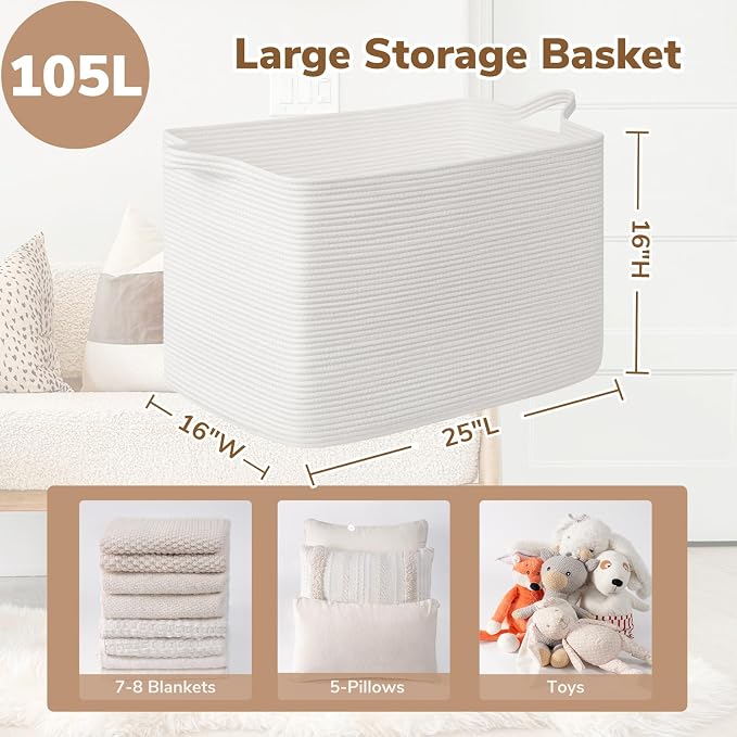 Goodpick 105L Extra Large Woven Blanket Basket, Cotton Rope, White | 25 x 16 x 16 in, Rectangle, Living Room, Bedroom & Nursery Organization, Blankets, Clothes & Toys Storage