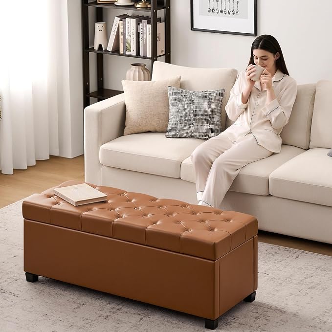 Living&Giving Leather Storage Ottoman Bench for Bedroom, 47.2", Brown | 47.2-inch leather storage ottoman with safety hinge, tufted seat and spacious hidden storage for everyday organization.