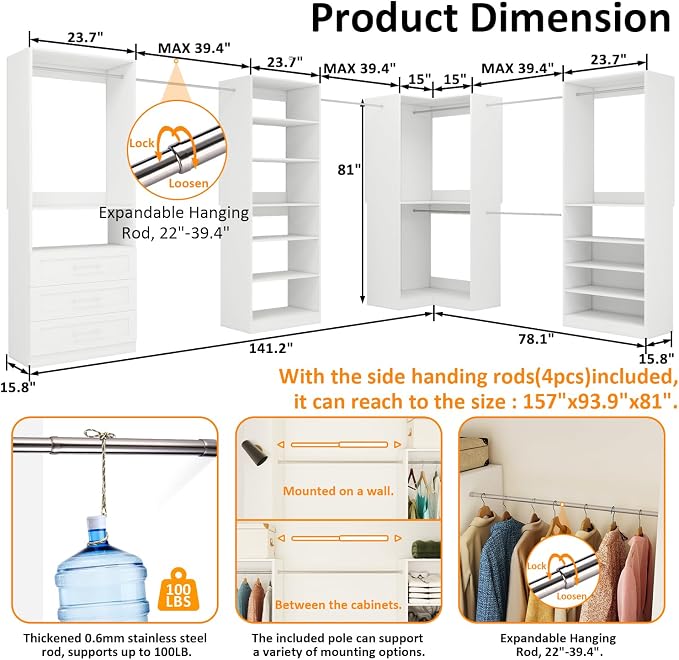 Closet System with 3 Drawers, 8FT Closet Organizer System with Adjustable Shelves & Expandable Hanging Rods, Corner Closet Storage Organizer, Modular Closet System for Walk-in Closet with 4 Sets,White