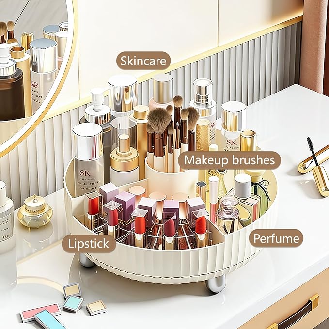 360 Rotating Makeup Perfume Organizer Skincare with Divider, Large Beige | 360 Degree Spinning Lazy Susan Organizer Lotion Cosmetics Storage for Dresser, Vanity, Bathroom Countertop