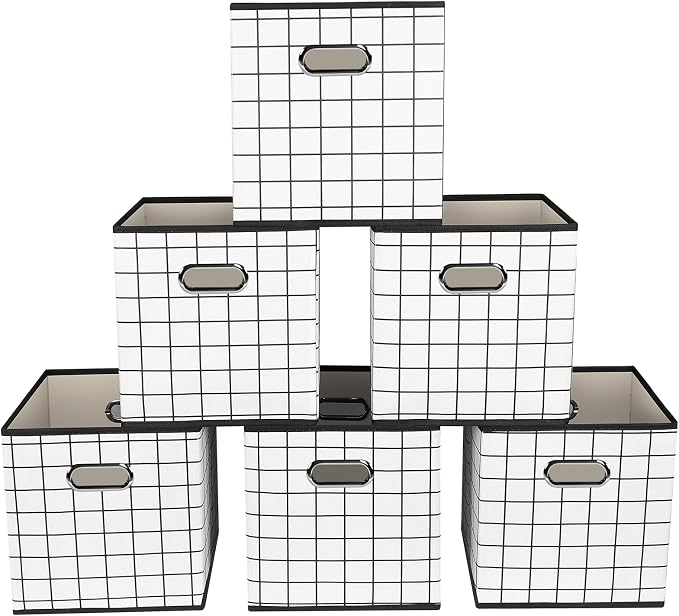 Yunkeeeper storage bins Cubes, Fabric Cube Organizer with Handle, Foldable Cube Bins for Cloth or Accessary Storage, 11x11x11, Set of 6, (White grid)