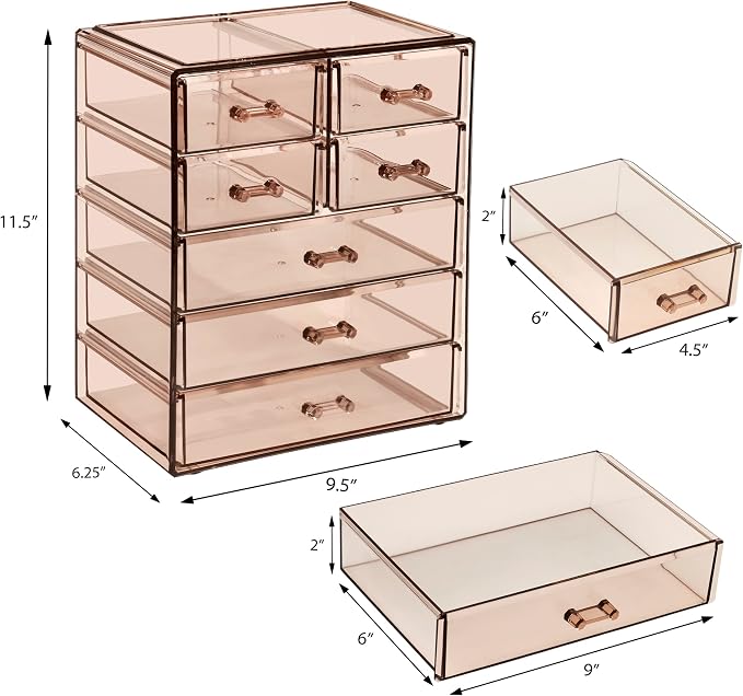 Sorbus Acrylic Makeup Organizer Set, 7-Drawer Vanity & Countertop Cosmetic Storage with Small & Wide Drawers, Bronze Glow Makeup Storage for Brushes, Lipsticks, Jewelry, Holiday Gift for Women & Teens