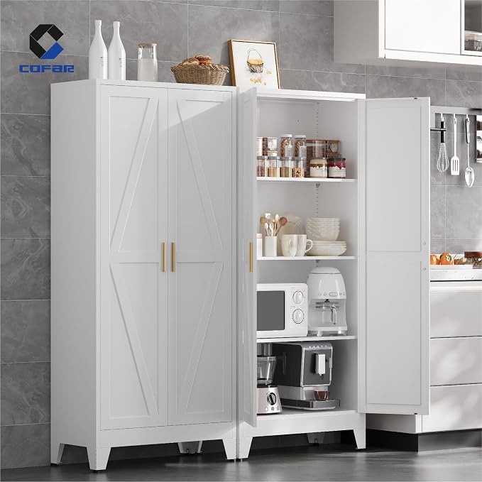COFaR Metal Pantry Cabinet with Doors, Farmhouse 61'' Tall Storage Cabinet with 3 Adjustable Shelves, Kitchen Pantry Cabinet for Dinning Room, Laundry, Bathroom, Garage, White 4-Tier