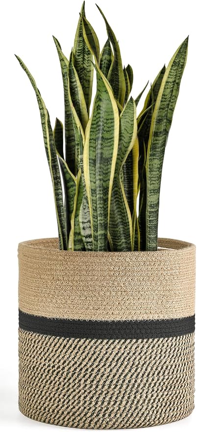Dahey Plant Basket Indoor for 12 inch Pot Woven Jute Planter, Black | Fits 10"-12" Planters, Reinforced Structure, Foldable Laundry Bin with Handles, Jute Cotton Rope, Decorative Flower Pot Cover