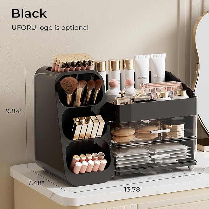 UFORU Makeup Organizer Countertop with Brush Holder for Vanity Bathroom | Large Capacity, Thickened Plastic, 2 Clear Drawers, Compact Size, Detachable Brush Holder, Divided Compartments, Easy Access