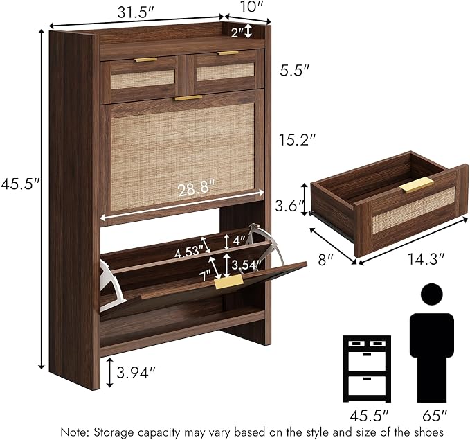 HOKYHOKY Rattan Shoe Storage Cabinet with 2 Drawers & 2 Flip Drawers | Hidden Slim Shoe Organizer, Farmhouse Boho Narrow Shoe Rack, Large Tabletop Space, Entryway, Walnut