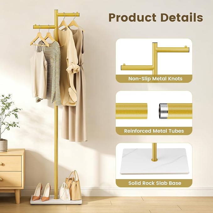 Metal Freestanding Coat Rack, 68.9"H Z-Shaped Coat Tree with Natural Rock Base, Modern Clothes Hanger Stand for Coats, Hats, Bags & Scarves, Ideal for Entryway, Bedroom, Office & Living Room