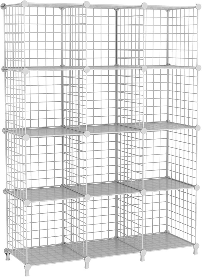 12-Cube Storage Organizer Metal Wire Shelf for Closet Office White | Sturdy 11.8" metal wire grid, modular snap-together, tool-free. Versatile for bedroom, closet, office, craft, entryway.
