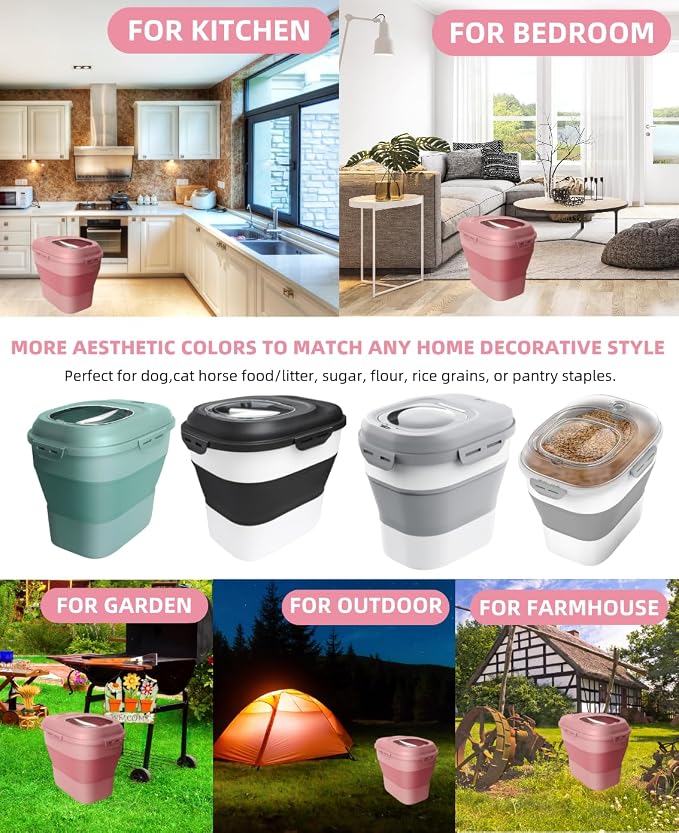 30-35Lbs Airtight Dog Food Storage Container,Collapsible Dog Food Container | Large Pet Food Storage Container with Double Airtight Seal & Magnetic Lid,Dog Food Bin with Wheels,2Pcs Containers,Scoop,Pink