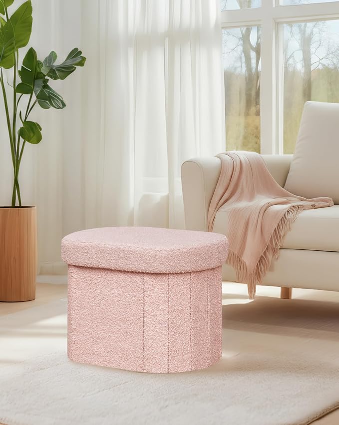 B FSOBEIIALEO Storage Ottoman for Dorm Room, Boucle Folding Storage Ottoman Foot Rest, 16.14 Inches Small Collapsible Ottoman Cube for Living Room Pink