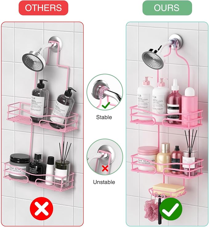 DAOYA Pink 3-Tier Over Head Shower Caddy with Soap Holder & 6 Hooks - Hanging Shower Caddy for Bathroom Organizer