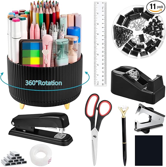 Office Supplies,School Supplies,Black Desk Accessories,Desk Organizer,Scissors,Stapler,Tape Dispenser,Binder Clips,Staples,Staple Remover,Sticky Notes,Clear Tape,Pen,Ruler,Best Gift,11pcs